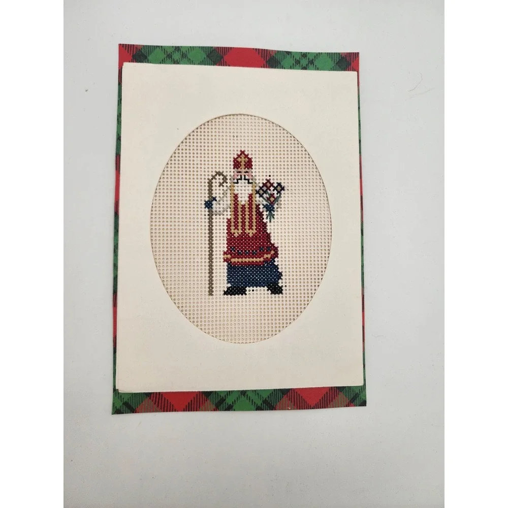 Vintage Cross Stitch Santa Christmas Card Plaid Frame Holiday Greeting Folk Art